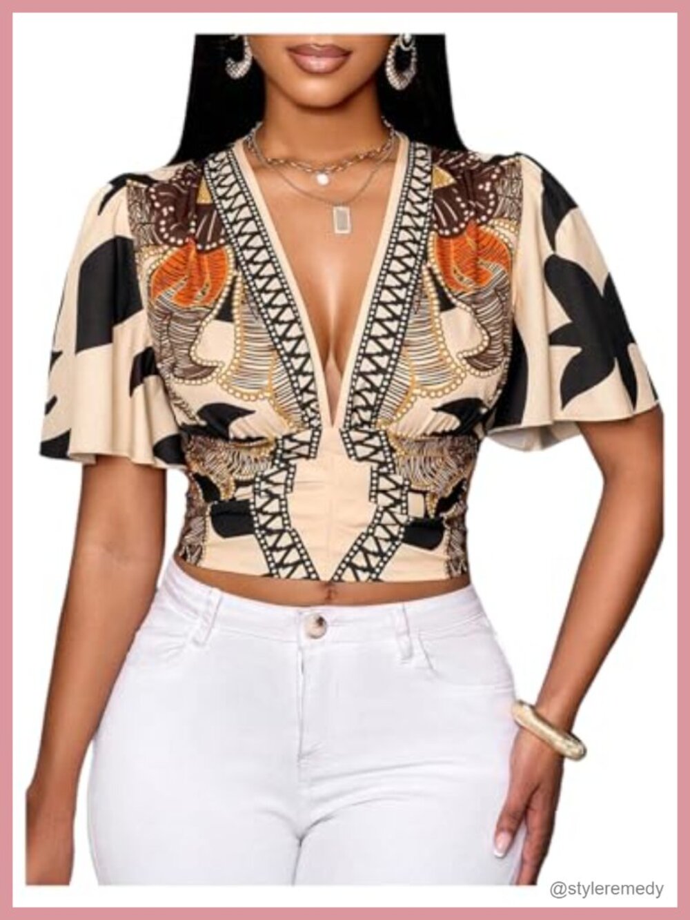 WDIRARA Boho Printed Blouse Short Sleeve Plunge Neck Crop Top